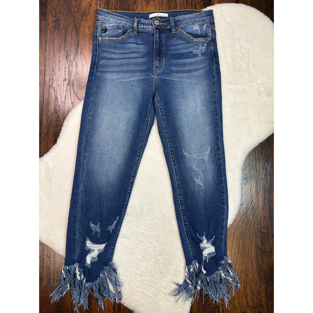 Kancan Jeans 11/29Medium Wash Distressed Fringed Hem Skinny High Rise Women
